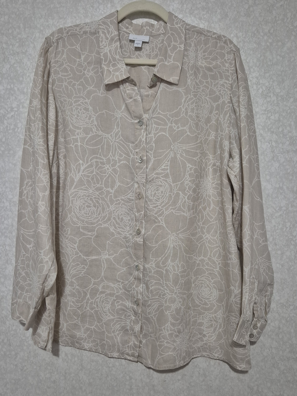 J. Jill Beige Floral Button-Front Linen-Shirt-Size:XL